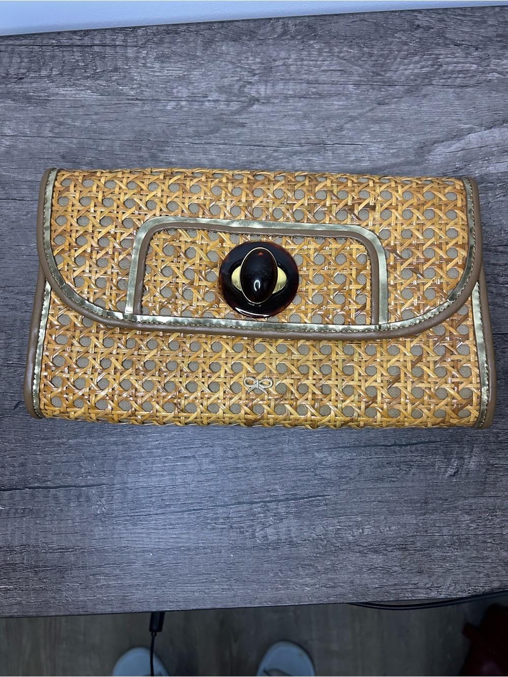 Anya Hindmarch Woven Tan Rattan Clutch with Gold Trim and Black Turn-Lock